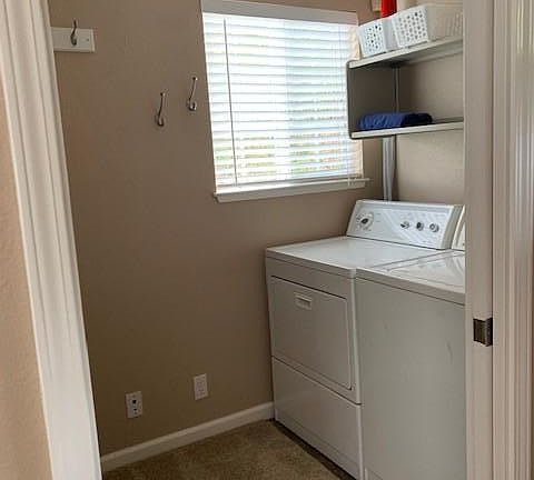 Your own private laundry room. Includes both washer and dryer. Space for storing laundry, detergent, etc.