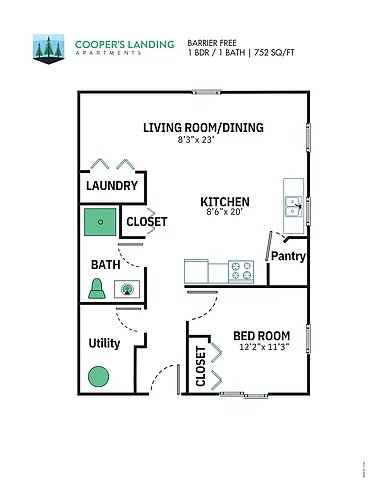 Floor plan 1 Bed, 1 Bath - 752 sqft