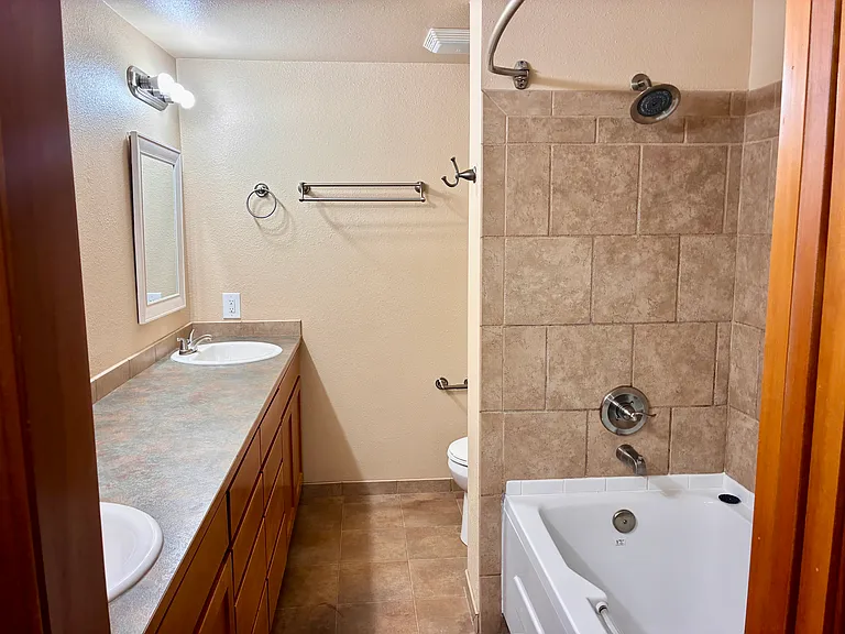 Primary en-suite bathroom with double vanity and soaking tub.