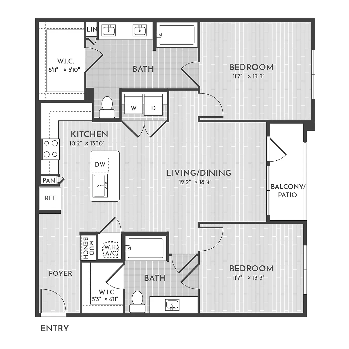 Floor plan 2BR 2BA (1157 SF)