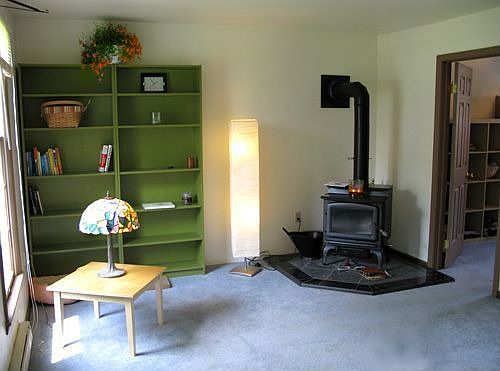 Cozy new economical woodburning stove (plus zoned electric baseboard heat).