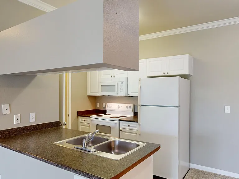 Apartment kitchen with wood-style flooring.