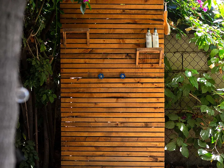 Outdoor shower with cold and hot water