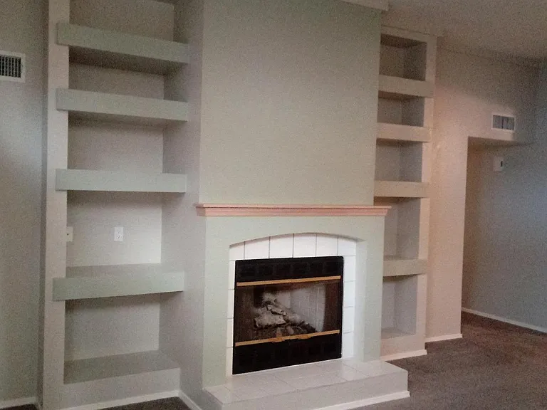 Fireplace with lots of shelves
