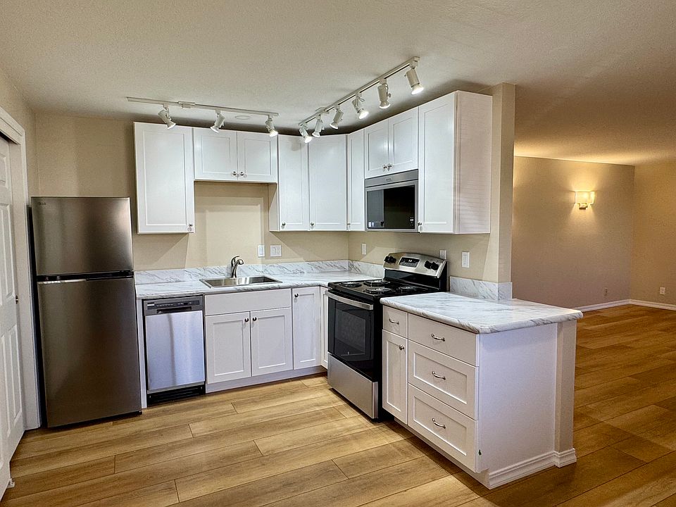 Kitchen and part of living room. LVP flooring throughout the entire apartment makes cleaning the floor easy in every room.