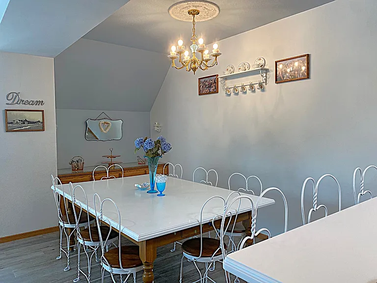 Wide 5x7 CORIAN Dining Seats 8 at the Table + 4 at the Breakfast Bar, u/MINTON Marlow Teacup Chandelier