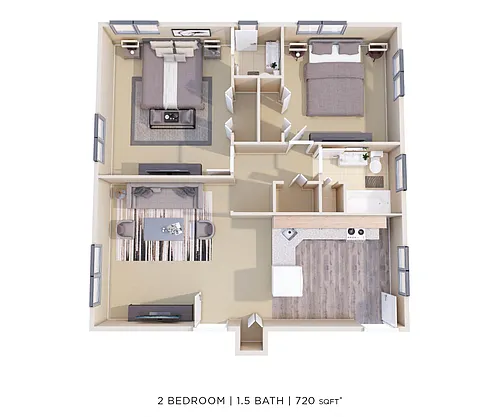 Floor plan Two Bedroom 1.5 Bath - 720 sqft