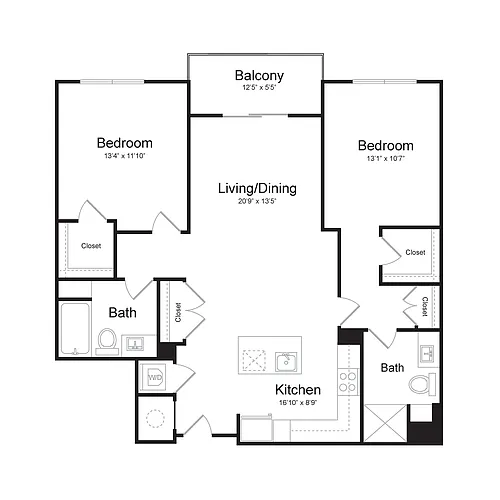 Floor plan Two Bedroom/Two Bath (2B-A) Balcony