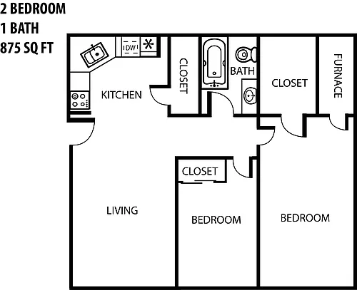 Floor plan 2 Bedroom 1 Bath -Garden Level