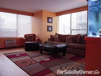 Living room : Living room features custom maple radiator panels and back-lit window valances.