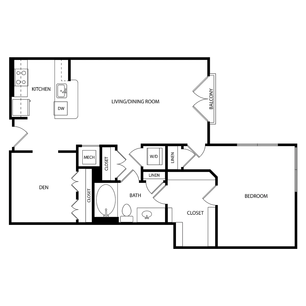 Floor plan 1 Bedroom + Den, 1 Bath 934 SF KB3