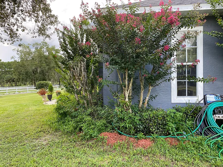 House has new sprinkler system that surrounds the house and parts of property. There are water hoses for washing your car or windows.