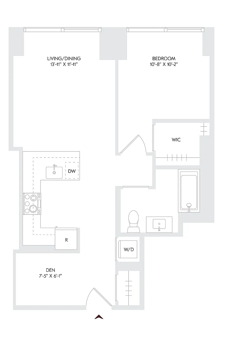 Floor plan 1 Bed 1 Bath + Den B
