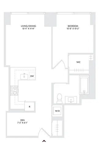 Floor plan 1 Bed 1 Bath + Den B
