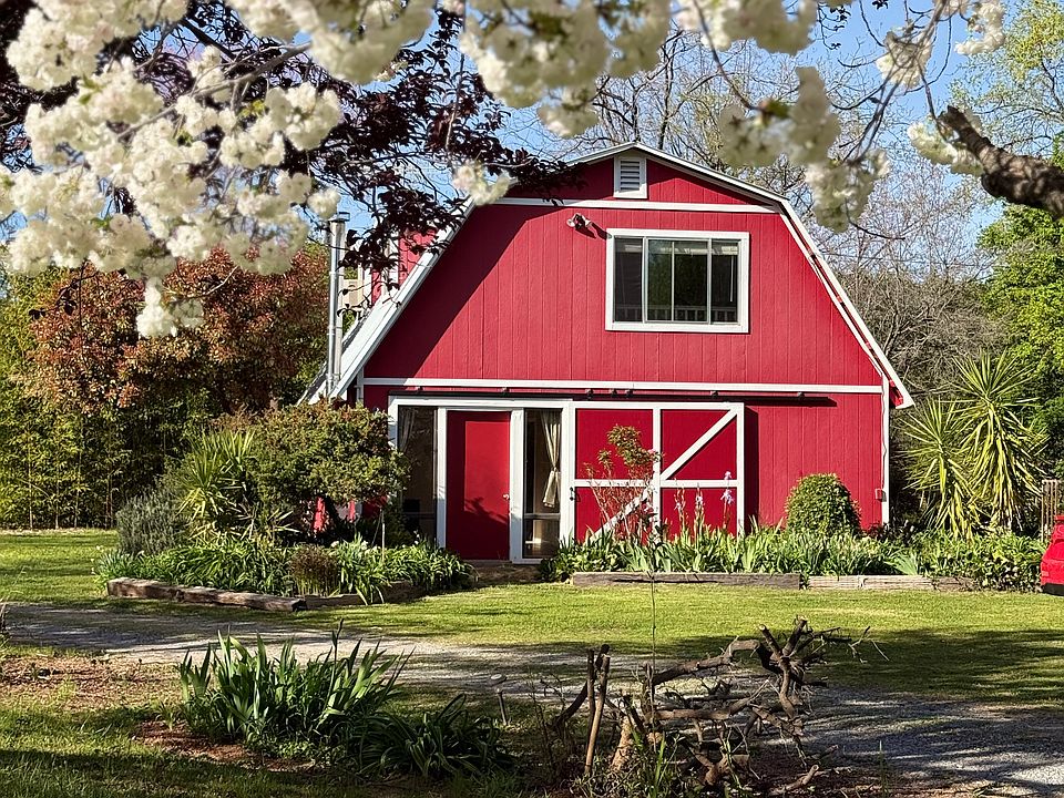 A front view of the barn, looking through the blossoms