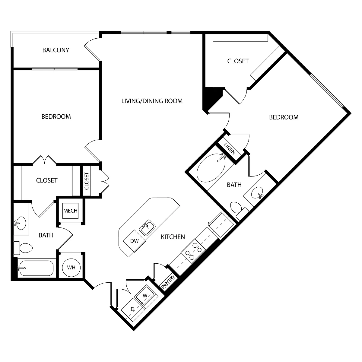Floor plan 2 Bedroom, 2 Bath 1103 SF KC23