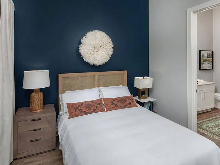 Bedroom with High Ceilings, Statement Wall, and Private Bathroom Entrance