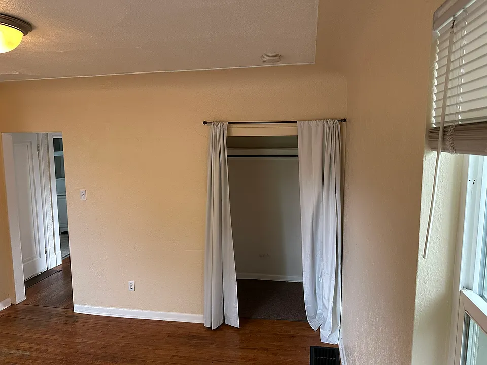 Livingroom with walk in closet storage. View from the front of the room.