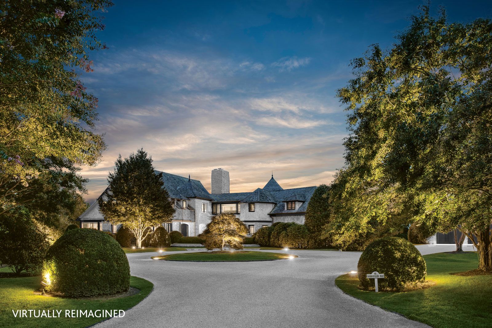  Front view of 6 Dannielles Way, Bridgehampton, NY at night (virtually re-imagined)