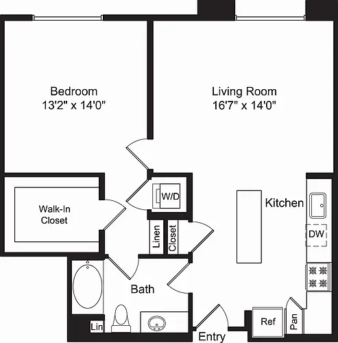 Floor plan One Bed A1C No Patio