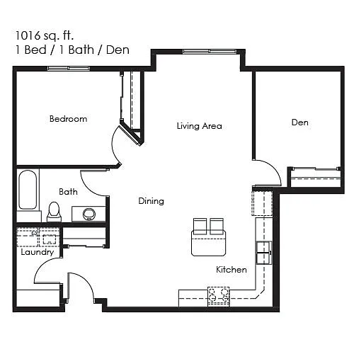 Floor plan 1 Bed 1 Bath w/Den | 1016 sqft