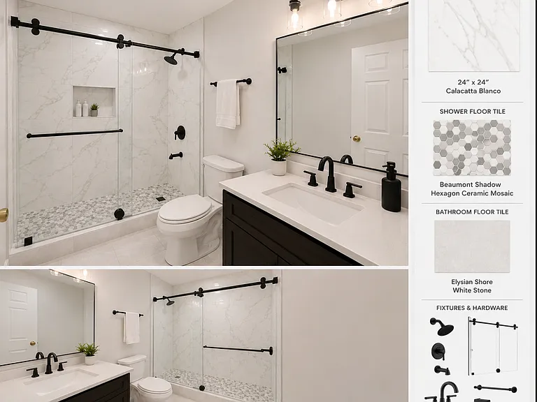 Bathroom plan. The guest bathroom will include a new bath tub. Master bathroom will be a shower floor with a glass, sliding door.