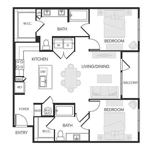 Floor plan 2BR 2BA (1091 SF)