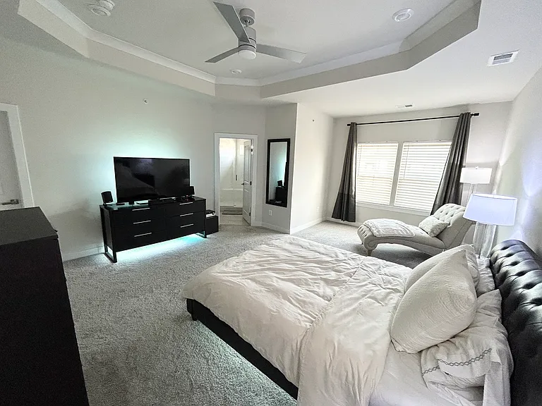 Large Owner's Bedroom features tray ceiling, TWO walk-in closets (one is a huge 12.5' x 6.5'), en suite bathroom, and smart ceiling fan