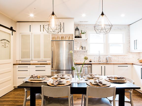 Open kitchen, dining, and living area