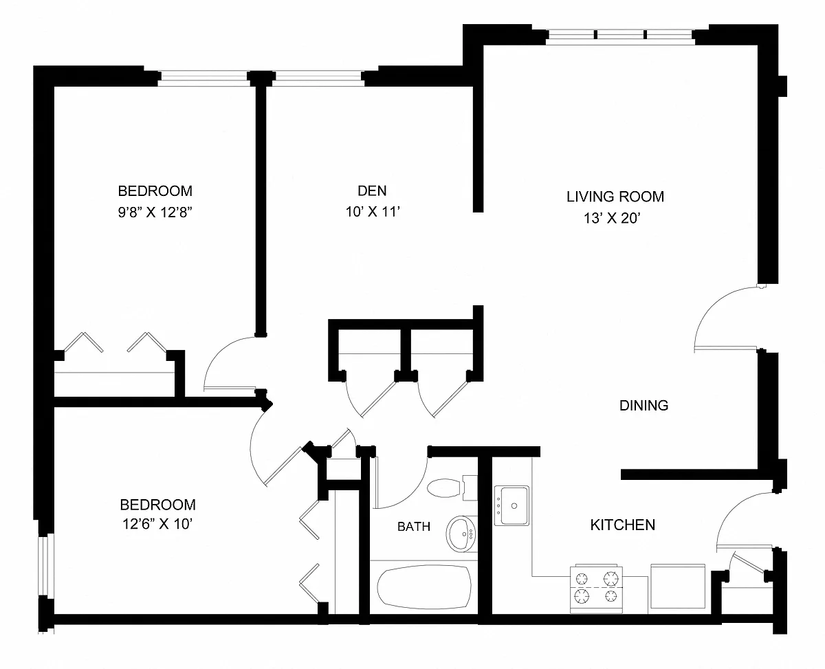 Floor plan Two Bed One Bath with Den
