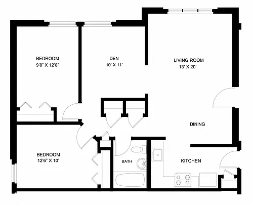 Floor plan Two Bed One Bath with Den