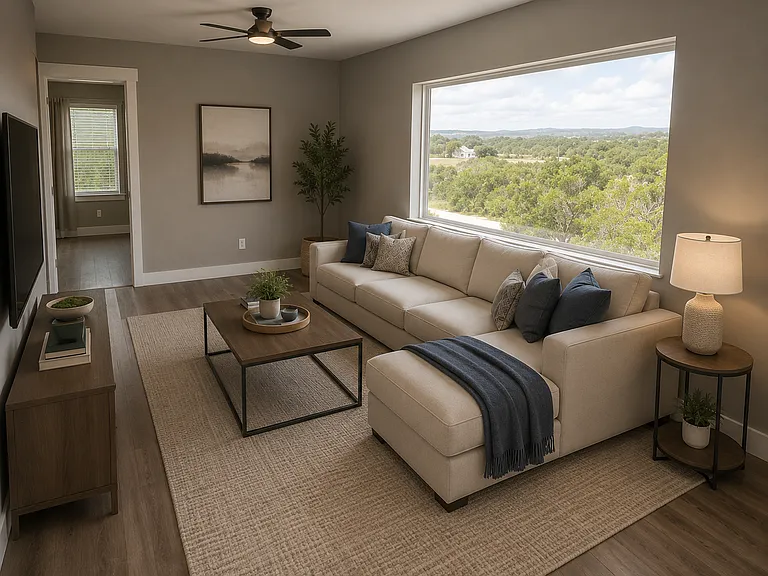 Game room upstairs virtually staged. The big picture window gives a great view of the hills of central Texas.