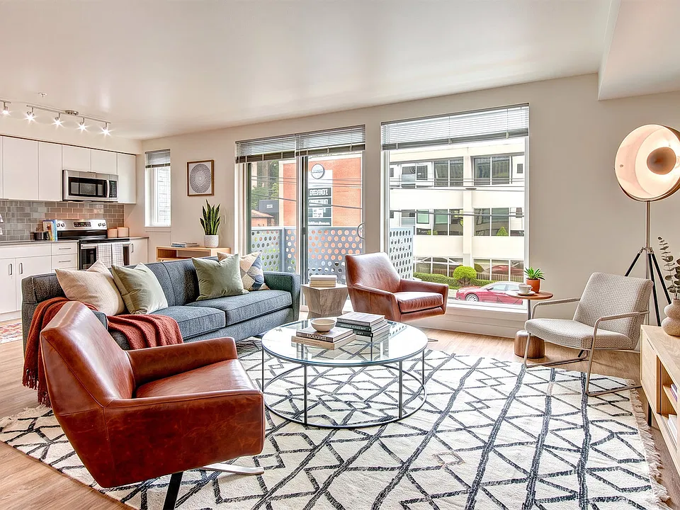 One of the larger layouts, with room for a full seating group and an open kitchen at the far end.