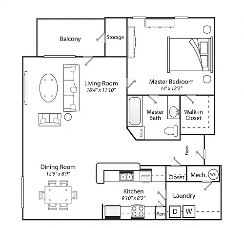 Floor plan One Bed One Bath 60%