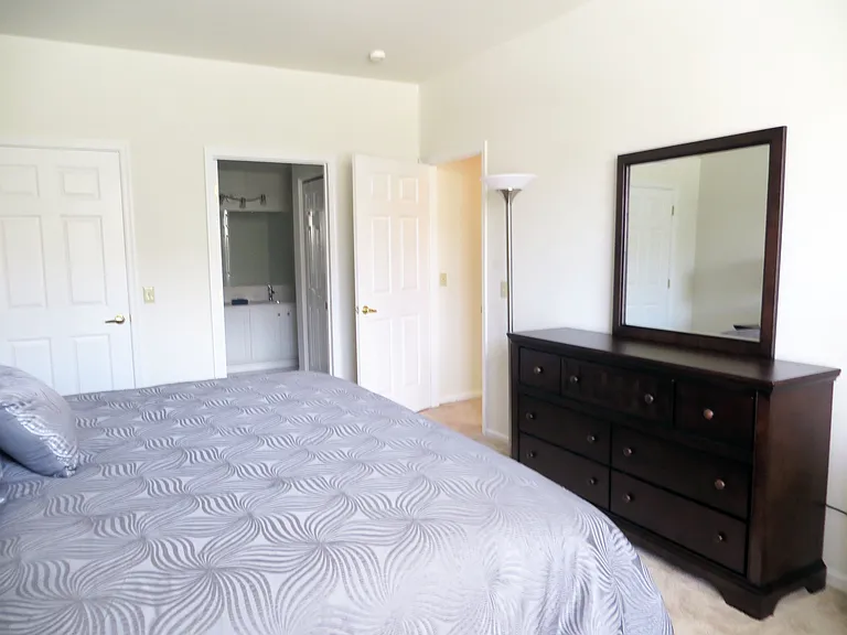 Primary bedroom with white bathroom cabinetry and upgraded lighting package plus a walk in closet.