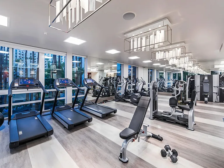 Club_quality fitness studio with cardio and weight machines overlooking the lake.