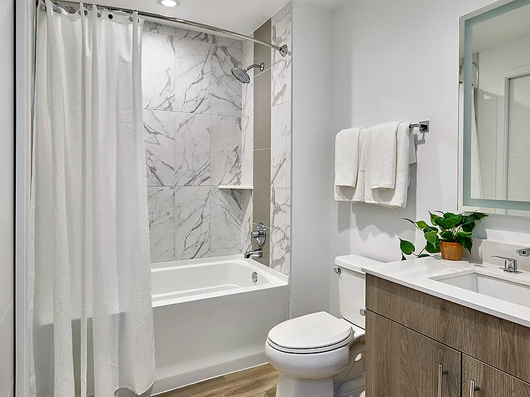 Apartment Bathroom with Wood Style Flooring