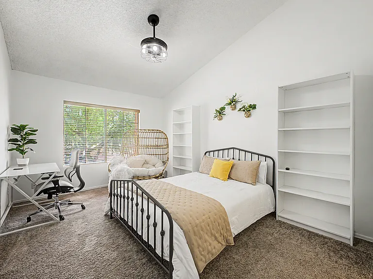 Primary Suite (Upstairs): Queen Bed, Dual-Sink En-Suite Bathroom, Multiple Closets, Pool Views, Sleeps 2