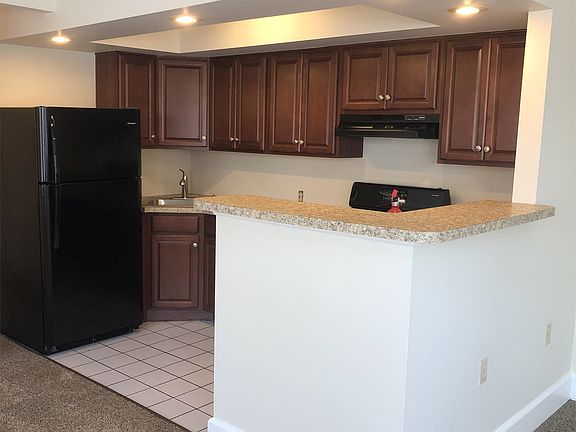 The kitchen has all new cabinets, counters, fridge and sink.