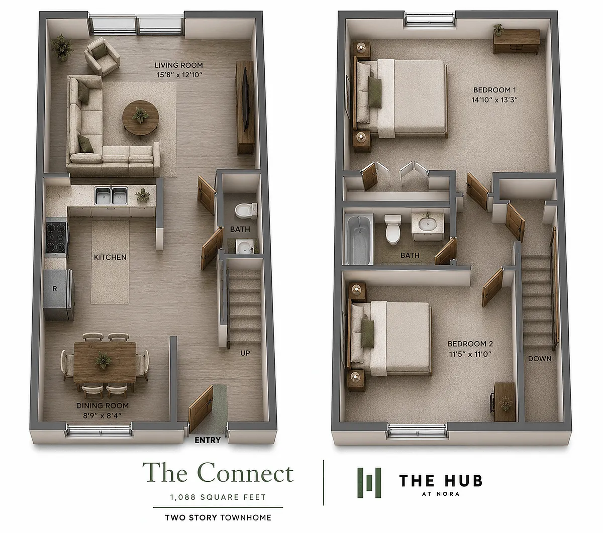 Floor plan Two Bedroom 1.5 Bath Townhouse - The Connect