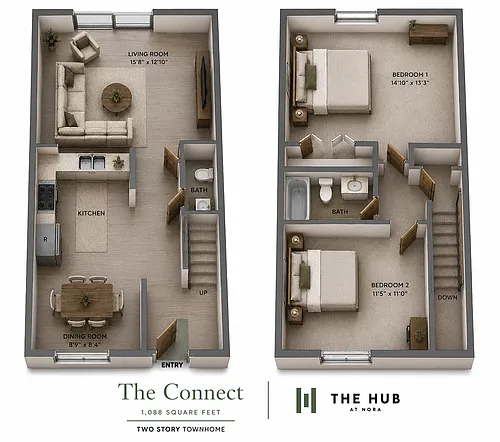 Floor plan Two Bedroom 1.5 Bath Townhouse - The Connect