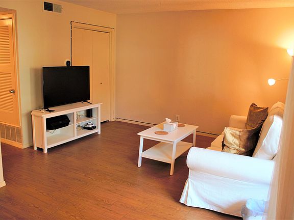 View of living area from front door. Furniture for staging only. Apartment is unfurnished.