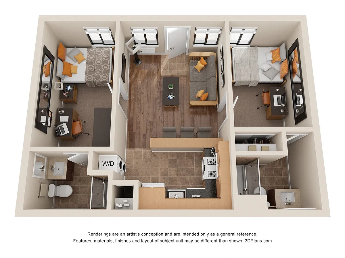 Floor plan 2 Bed 2 Bath Mid-Floor; Pool-Side + AC