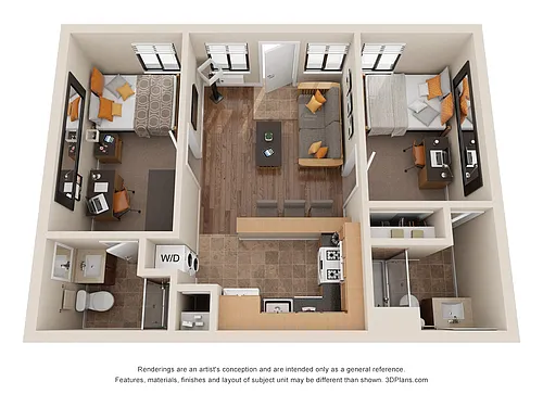 Floor plan 2 Bed 2 Bath Mid-Floor; Pool-Side + AC