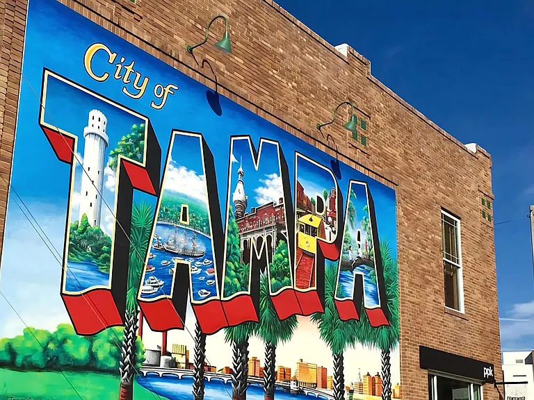 Iconic Tampa Postcard-Style Wall Mural Showcasing Local Landmarks