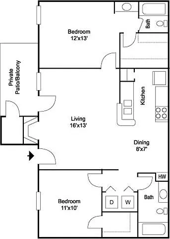 Floor plan Dover 2BR 2BA 864 sq ft