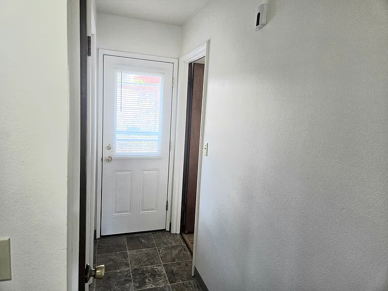 Hallway that leads to the bathroom, back door, and additional bedroom access.