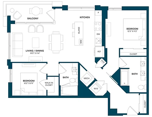 Floor plan 2 Bed/2 Bath-E1-TYP-17
