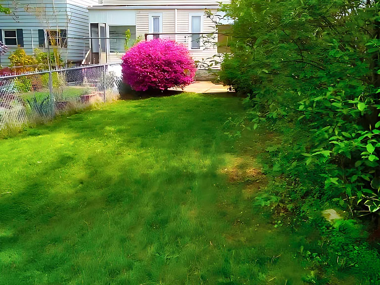 Another view of the large, fully-fenced rear yard. The concrete patio and fully-enclosed rear porch are in the background.