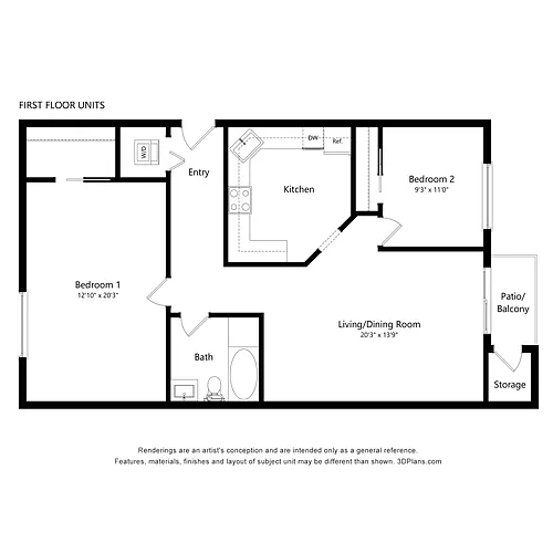 Floor plan 2 Bedroom 1 Bathroom